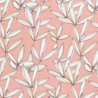 Tissu Mousseline feuilles écru sur fond Rose - Par 10 cm