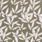 Tissu Mousseline feuilles écru sur fond Vert kaki - Par 10 cm