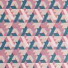 Tissu Toile Coton Motifs géométriques Bleu canard, roses et mauve sur fond Beige - Par 10 cm