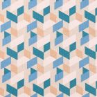 Tissu Toile de Coton Formes Géométriques bleues, blanches et oranges sur fond Beige - Par 10 cm