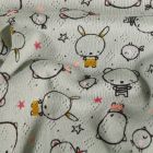 Tissu Jersey ajouré Petits oursons et lapins sur fond Vert kaki clair - Par 10 cm