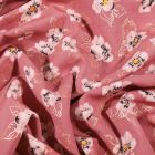 Tissu Satin imprimé Fleurs rose et dorés sur fond Rose - Par 10 cm