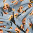 Tissu Satin imprimé Fleurs rose nude et dorés sur fond Bleu - Par 10 cm