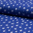 Tissu Jersey Piqué de coton spécial Polo Palmiers blancs sur fond Bleu roi - Par 10 cm