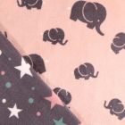 Tissu Doudou réversible Eléphants Gris sur fond Rose - Par 10 cm