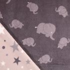 Tissu Doudou réversible Eléphants Gris clair sur fond Gris foncé - Par 10 cm
