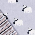 Tissu Doudou Double Face Ours Envers Rayures Blanc, Gris, Bleu sur Fond Taupe - Par 10 cm