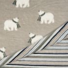 Tissu Doudou Double Face Ours Envers Rayures Blanc, Gris, Bleu sur Fond Taupe - Par 10 cm