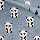 Tissu Doudou double face Panda envers feuilles vertes et blanches sur fond Bleu gris - Par 10 cm