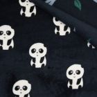 Tissu Doudou double face Panda envers feuilles vertes et blanches sur fond Bleu marine - Par 10 cm