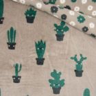Tissu Doudou double face cactus envers fleurs vertes et blanches sur fond Taupe - Par 10 cm