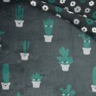 Tissu Doudou double face cactus envers fleurs vertes et blanches sur fond Gris anthracite - Par 10 cm