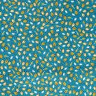 Toile Cirée Alizé Feuilles moutarde, bleues et blanches sur fond Vert bleuté - Par 10 cm