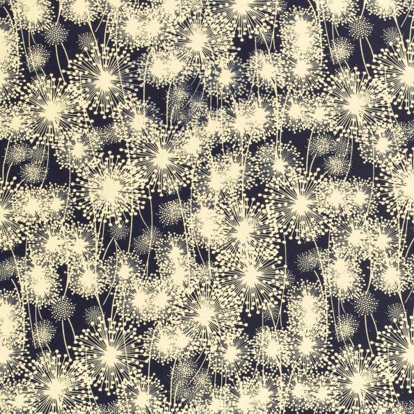 Tissu Jersey viscose Champ de pissenlits jaunes sur fond Bleu marine - Par 10 cm