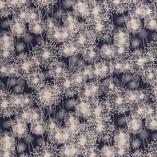 Tissu Jersey viscose Champ de pissenlits marrons sur fond Bleu marine - Par 10 cm