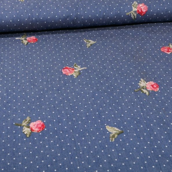 Tissu Chambray Roses brodées sur fond Bleu - Par 10 cm