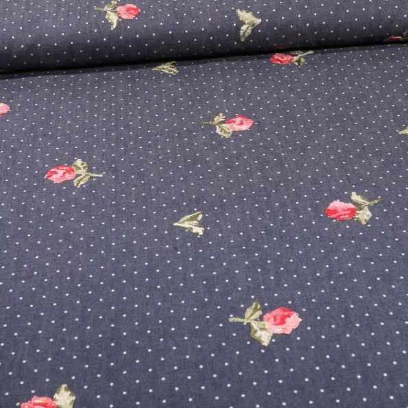Tissu Chambray Roses brodées sur fond Bleu foncé - Par 10 cm