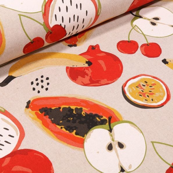 Tissu Toile Coton Motifs fruités sur fond Naturel - Par 10 cm