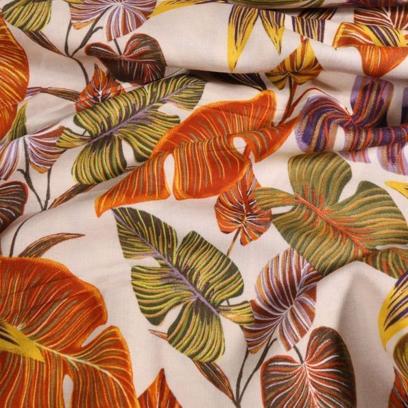 Tissu Viscose Feuilles tropicale vitaminés sur fond Blanc - Par 10 cm