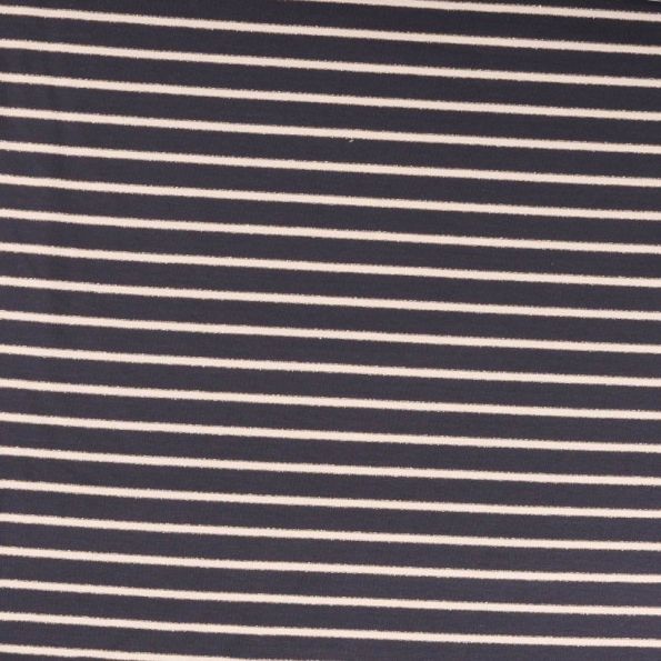 Tissu Sweat léger Rayures blanc cassé et lurex doré sur fond Bleu denim - Par 10 cm