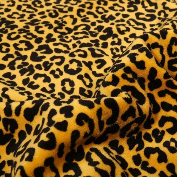 Tissu Jersey Velours Bio Motif léopard en relief sur fond Jaune - Par 10 cm