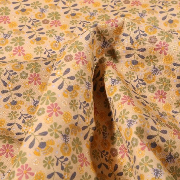 Tissu Coton imprimé Bio Myriam sur fond Jaune pastel - Par 10 cm