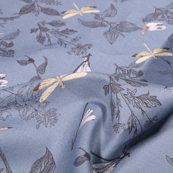Tissu Coton imprimé Bio Libellules et fleurs sur fond Bleu clair - Par 10 cm