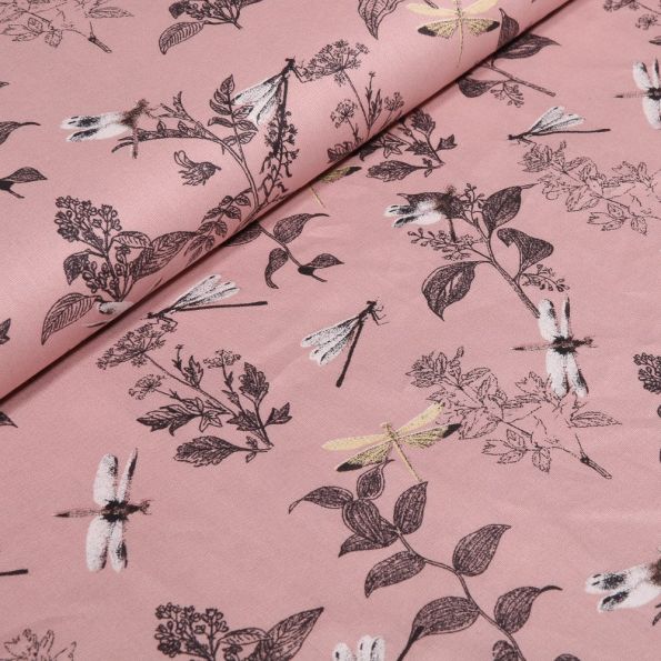 Tissu Coton imprimé Bio Feuilles et libellules sur fond Rose pâle - Par 10 cm