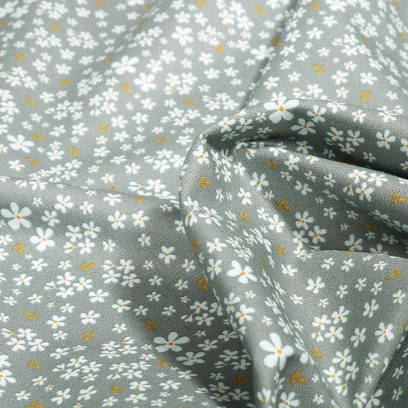 Tissu Coton imprimé Bio June sur fond Vert d'eau - Par 10 cm