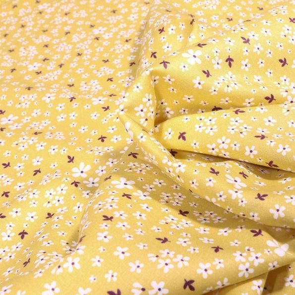 Tissu Coton imprimé Bio Tess sur fond Jaune - Par 10 cm