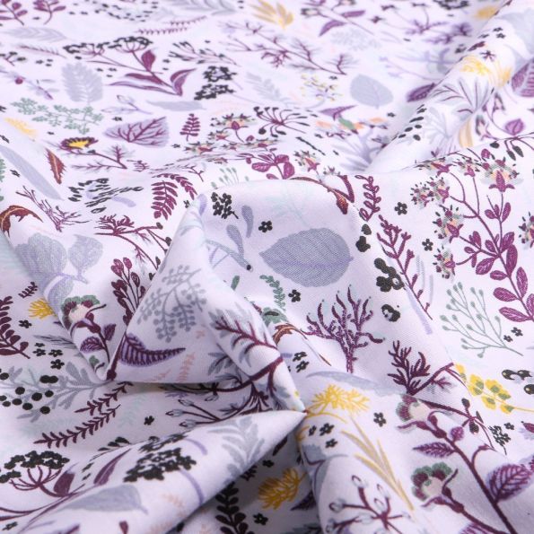 Tissu Coton imprimé Bio Hannah Parme sur fond Blanc - Par 10 cm