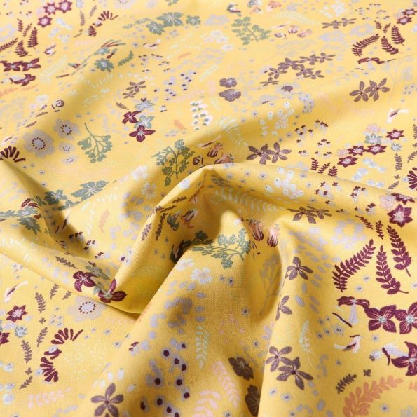 Tissu Coton imprimé Bio Elyssa sur fond Jaune - Par 10 cm