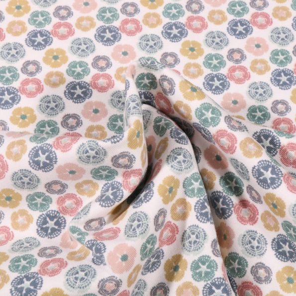 Tissu Jersey Coton Bio Pensée colorée sur fond Blanc - Par 10 cm