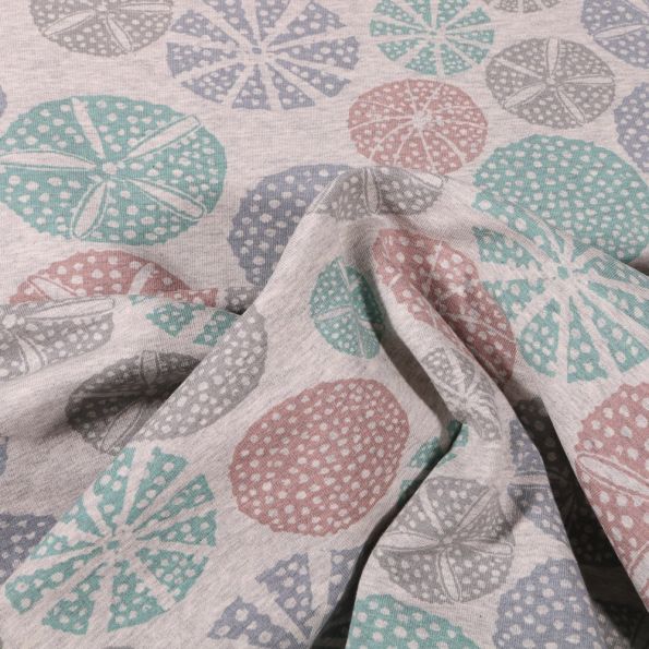 Tissu Sweat envers molletonné Bio Oursins sur fond Gris clair - Par 10 cm