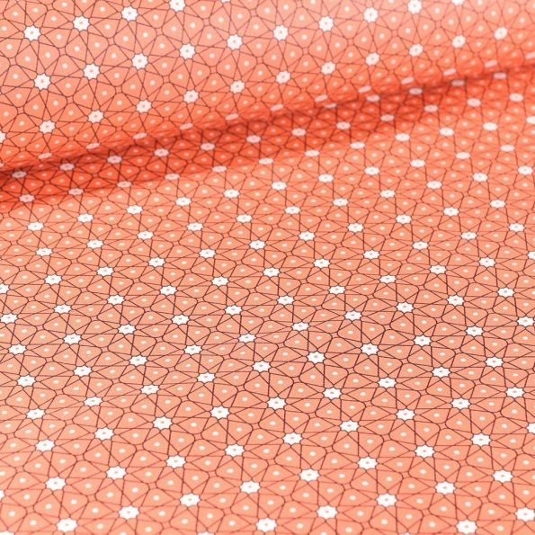 Tissu Coton enduit Etoiles et pois sur fond Corail - Par 10 cm