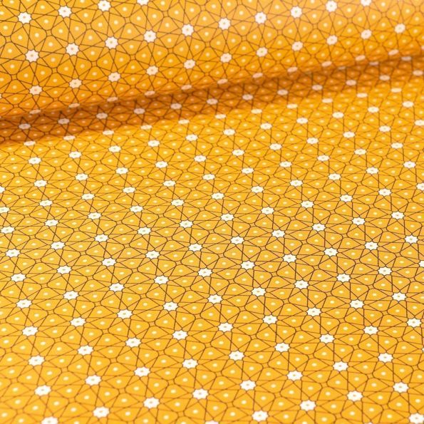 Tissu Cotonenduit Etoiles et pois sur fond Jaune - Par 10 cm