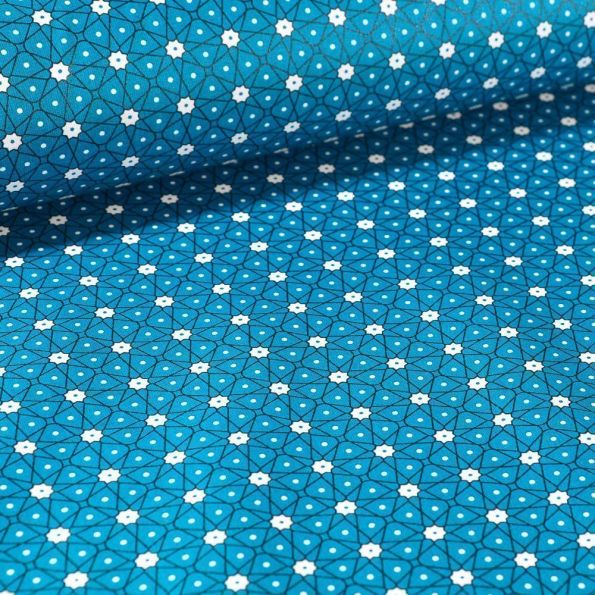 Tissu Coton enduit Etoiles et pois sur fond Bleu - Par 10 cm