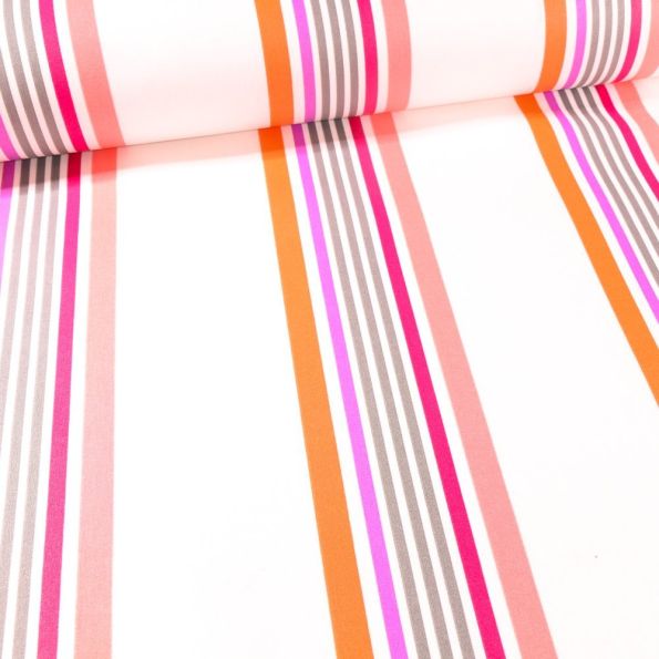 Tissu Coton enduit Playa rose sur fond Blanc - Par 10 cm