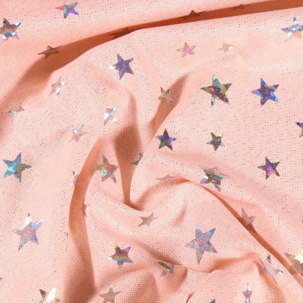 Tissu Toile Coton Lurex Etoiles holographiques sur fond Rose - Par 10 cm