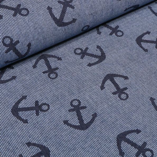 Tissu Chambray Ancres sur fond Gris chiné - Par 10 cm