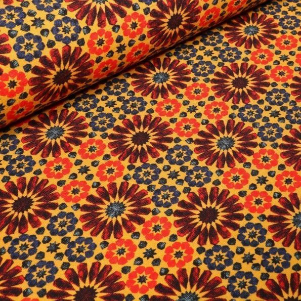 Tissu Jersey Coton Marguerites stylisées sur fond Jaune - Par 10 cm