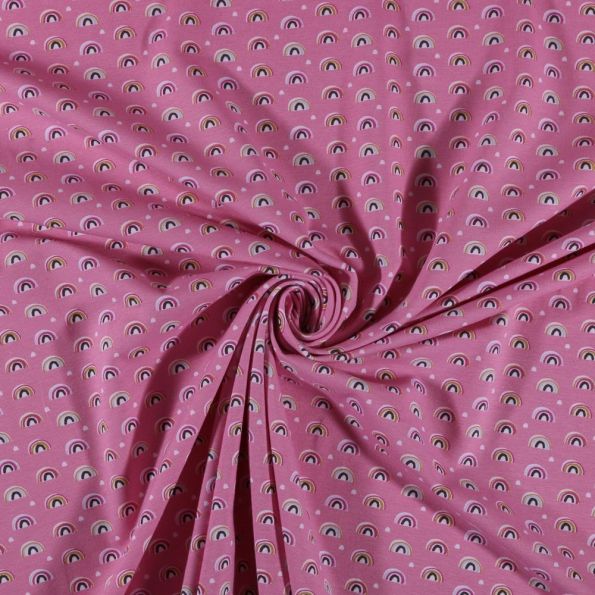 Tissu Jersey coton Arc en ciel sur fond Rose - Par 10 cm