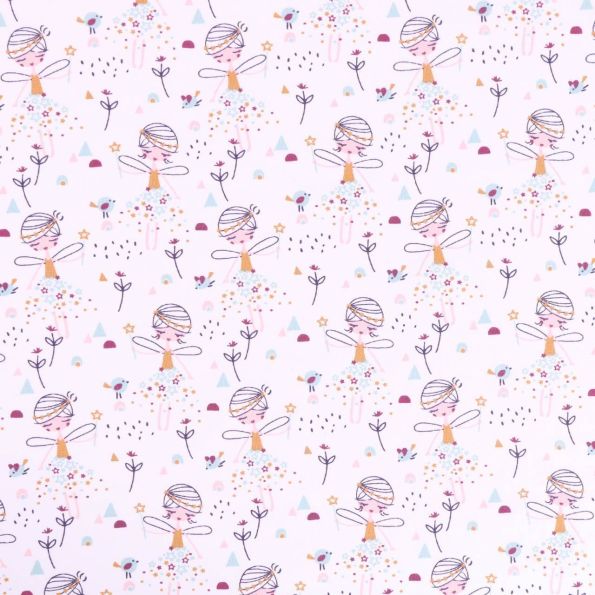 Tissu Jersey Coton Arty Fées et petits oiseaux Moutarde, prune roses et bleus sur fond Blanc - Par 10 cm