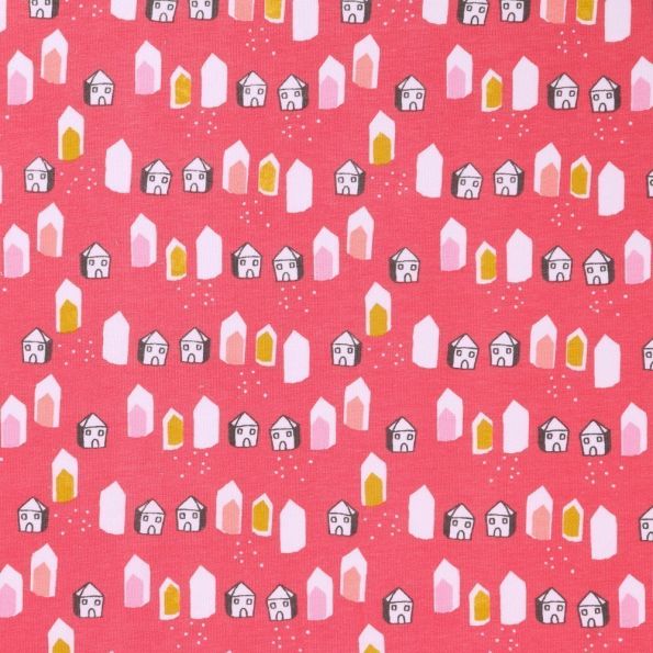 Tissu Jersey Arty Maisons blanches, moutarde et roses sur fond Corail - Par 10 cm