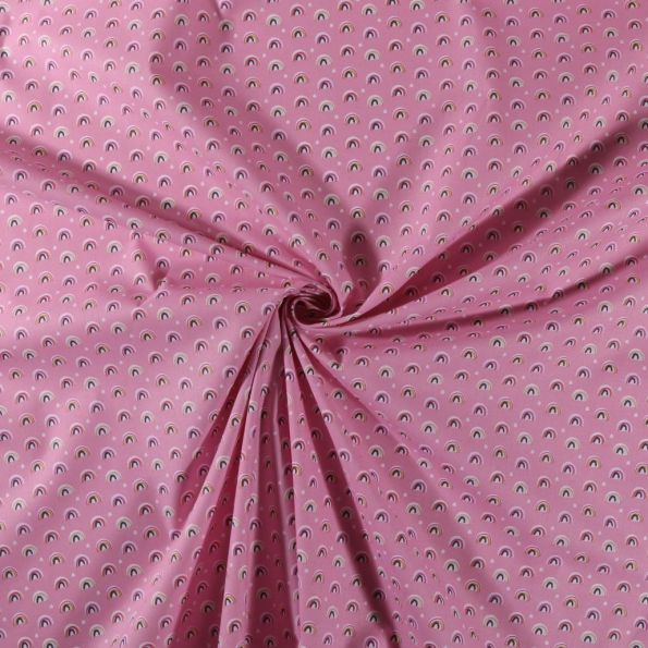 Tissu Coton imprimé Arcs en ciel multicolore sur fond Rose - Par 10 cm