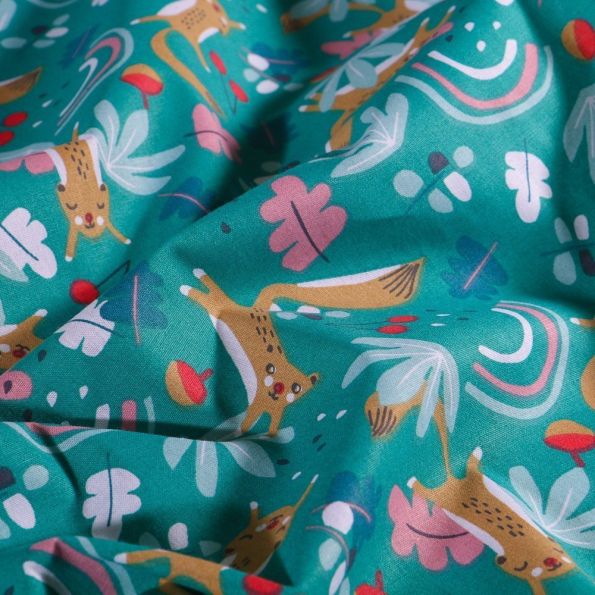 Tissu Coton imprimé Arty Écureuil fleuris sur fond Vert canard - Par 10 cm