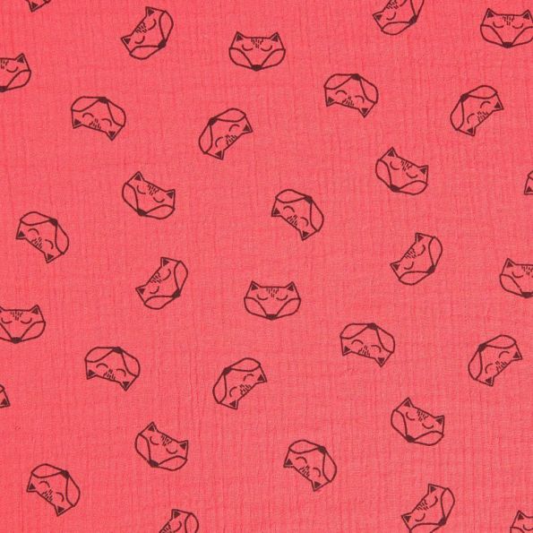 Tissu double gaze de coton Renards noirs sur fond Corail - Par 10 cm