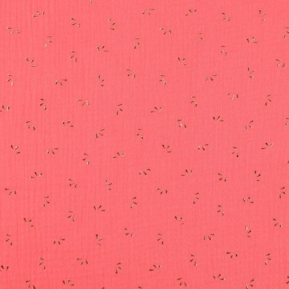 Tissu Double gaze de coton Pétales Or sur fond Corail - Par 10 cm
