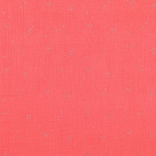 Tissu Double gaze de coton Eclats Argentés sur fond Corail - Par 10 cm