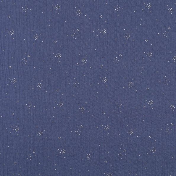 Tissu Double gaze de coton Eclats Argentés sur fond Indigo - Par 10 cm
